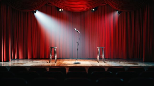 Empty comedy club stage with microphone and two stools under spotlights against red curtains