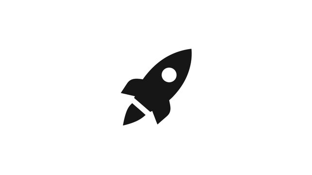 A monochrome image of a simplified rocket ship soaring upward against a stark white background