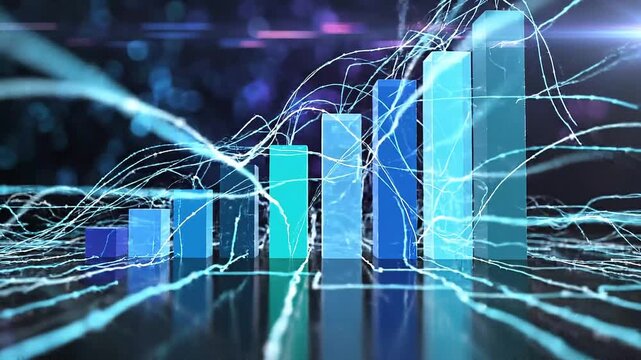 A series of vibrant blue and turquoise translucent bars rise like skyscrapers against a dark, bokeh-lit background with glowing rings.
