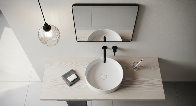 Modern white round bathroom sink on a light wood counter.