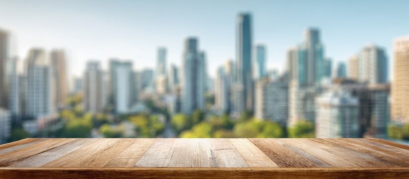 Empty wooden table with a bright, sunny blurred cityscape and blue sky in background