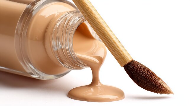 The beige liquid foundation is shown close-up as it pours, producing a smooth, flowing texture
