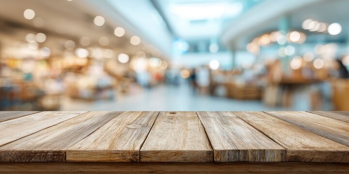 Empty light wood table foreground; blurred vibrant shopping mall interior with bokeh lights
