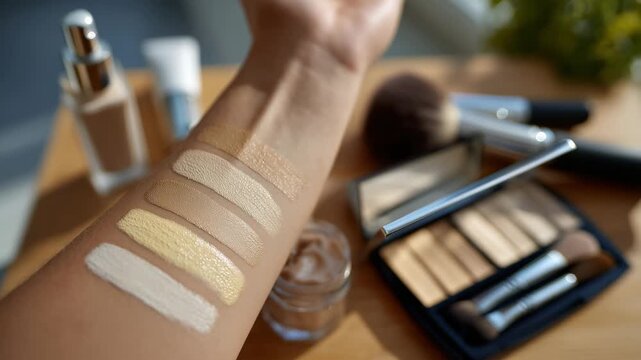 Wide-angle shot of arm with liquid foundation swatches, makeup brushes and open compact palettes arranged aesthetically on table, soft diffused lighting, cosmetic testing and profe