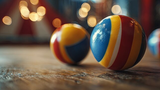 A cinematic close-up captures brightly colored juggling balls rolling across a wooden floor, with soft focus, dramatic lighting, and a lively circus mood emphasizing texture and shine