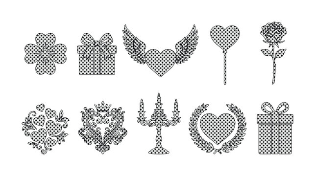 Set of 10 Black and White Engraved Line Art Valentine's Day Icons Vector isolated PNG with Transparent Background