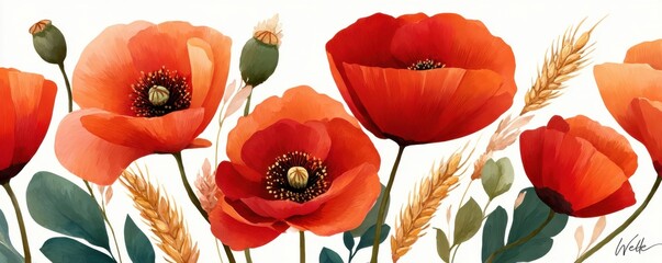 Fototapeta premium Watercolor painting of red poppies and golden wheat on a white background, botanical floral art