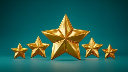 Obraz premium A golden five‑star icon on a teal background signifies top‑tier client feedback, a positive result, and high customer satisfaction, making it ideal for review and ranking systems
