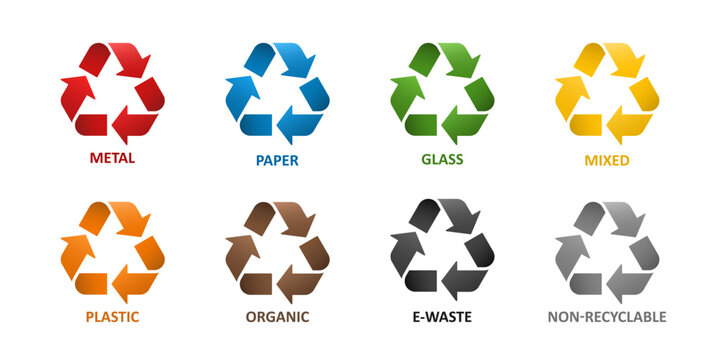 Colored eco recycle symbol set with 3D effect, triangle triple arrow for waste sorting. Vector