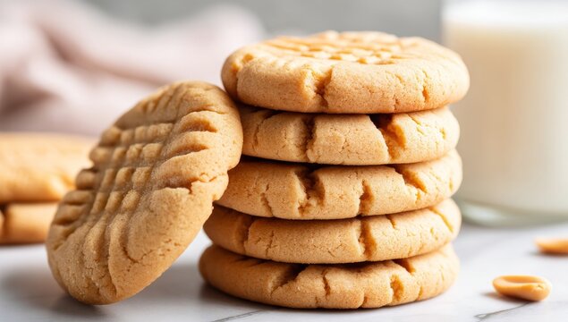 Peanut butter cookies stacked on a cooling rack, a glass of milk at the side, these homemade classic treats await indulgence, embodying simple sweet snack perfection