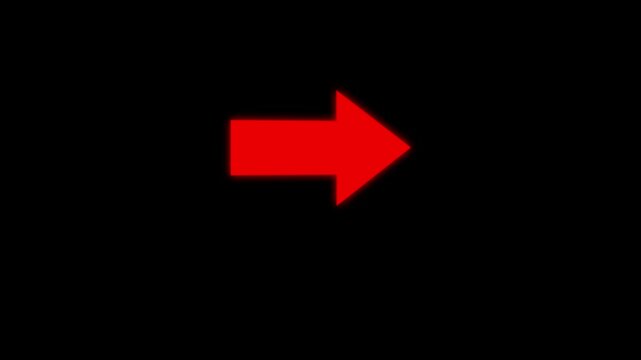 a red Right arrow icon animation, on a black background, and 4k video. Right-Pointing Arrow Animation.