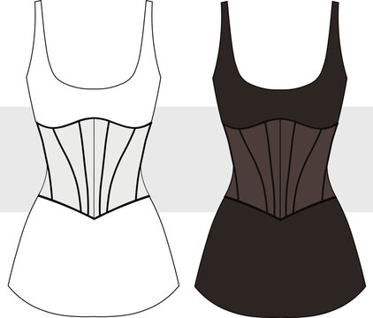 Women's waist corset detail bustier dress fashion technical drawing, illustration. Stylish Mini Dress vector design. Cad, Mockup Set.