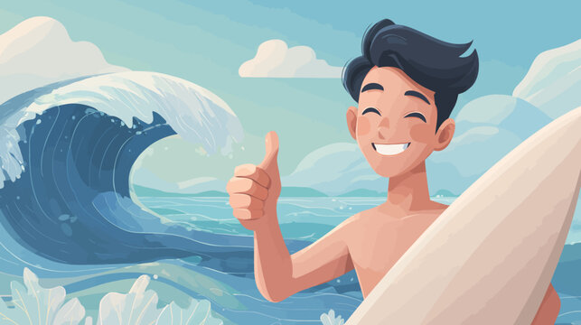 Cartoon surfer smiles, giving a thumbs-up by a large wave, board in hand, sunny sky background