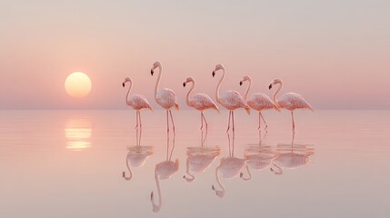 Obraz premium Graceful flamingos are reflected in calm, shallow waters beneath soft pastel sunrise light, creating a peaceful, minimalist scene 