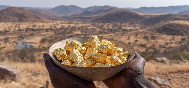 In a metal basin, the hands hold a pan of water and gold dust, panning for gold and pursuing treasure and raw precious metal as part of prospector work