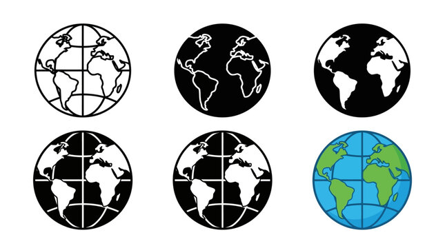 Six round globe icons featuring world map designs in black, white, and blue styles - vector illustration