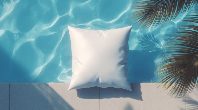 A white blank square pillow mockup rests on a summer poolside lounge