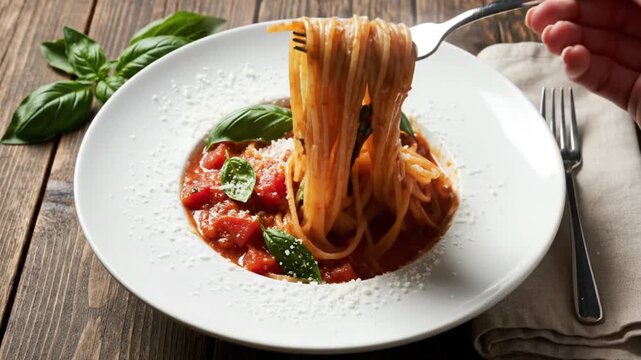 Person Swirling Spaghetti with Tomato Sauce and Basil on a Fork