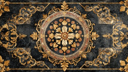 Obraz premium Luxurious golden baroque floral medallion and intricate scrollwork on a dark polished marble or stone background, evoking classic elegance and opulent design.