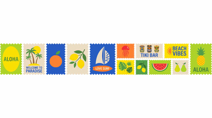 Colorful tropical stamp strip with aloha motifs featuring palm trees, sun, waves, sailboats and fruits in a Hawaii-inspired design © Sultan Desain