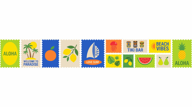 Colorful tropical stamp strip with aloha motifs featuring palm trees, sun, waves, sailboats and fruits in a Hawaii-inspired design