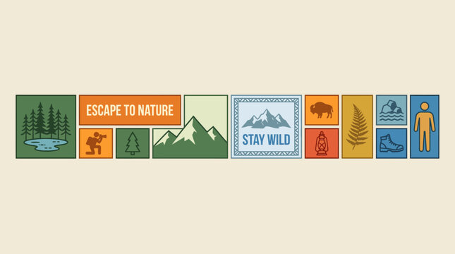 Escape to nature: colorful icon banner with mountains, trees, wildlife, and Stay Wild motifs for outdoor brands