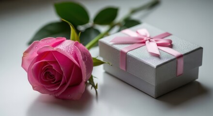 Fototapeta premium Pink rose with stem resting on a small gray gift box tied with a pink ribbon flower petals