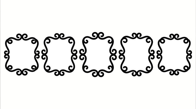 Five ornate square decorative frames with curling floral motifs, perfect for invitations, borders, and design layouts