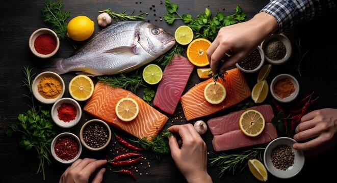 Assortment of Fresh Fish and Seafood Prepared for Cooking.