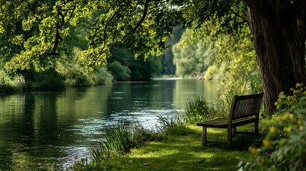 Fototapeta premium Peaceful River Flowing through Park / 公園を流れる穏やかな川