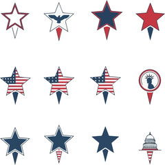 Obraz premium Collection of patriotic star shaped map markers featuring american flag designs and classic national symbols for various graphic projects