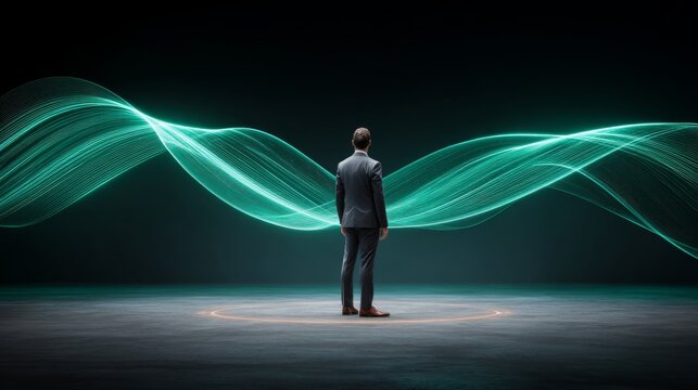 A figure in a suit faces a matrix of green binary code and flowing lines