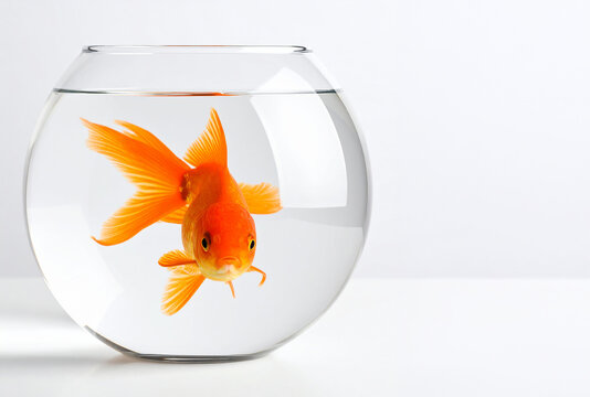 Pez naranja nadando en una pecera redonda de cristal transparente con agua limpia sobre fondo blanco, imagen minimalista concepto de aislamiento, rutina y falta de libertad