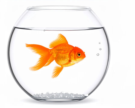 Pez naranja nadando en una pecera redonda de cristal transparente con agua limpia sobre fondo blanco, imagen minimalista concepto de aislamiento, rutina y falta de libertad