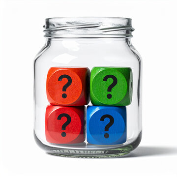 Tarro de cristal transparente con dados de colores dentro con signos de interrogaci&oacute;n sobre fondo neutro, imagen concepto de azar, probabilidad, inversi&oacute;n, estrategia, probabilidad y futuro