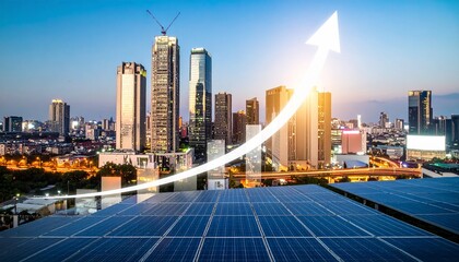 Obraz premium Urban sunset cityscape with rooftop solar panels, construction cranes in background, large green arrow rising diagonally, symbolizing renewable energy adoption, progress, and sustainable growth.