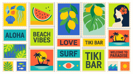Vibrant tropical postcard collage featuring aloha, beach vibes, surf, tiki bar, palm leaves, and retro summer motifs © Sultan Desain