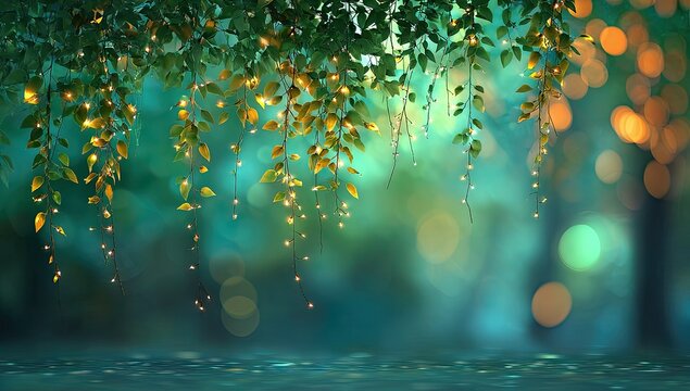 Glowing fairy lights adorn hanging green foliage over a mystical, blurred teal background