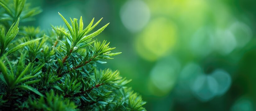Macro shot of evergreen needles with soft green bokeh background