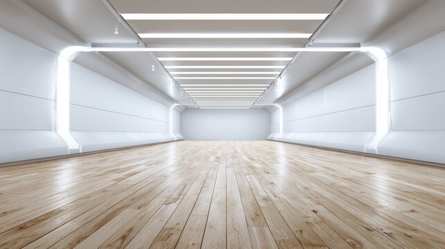 The extended hallway is lined with lighted, grass‑shaped decorative lights set on a smooth wooden floor