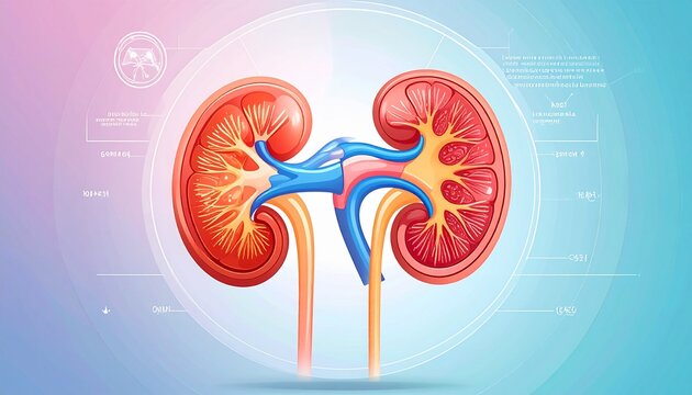   
Detailed anatomical illustration of human kidneys, renal arteries and veins, cortex and medulla visible, faint torso outline background, symbolizing anatomy, physiology, and medical education.