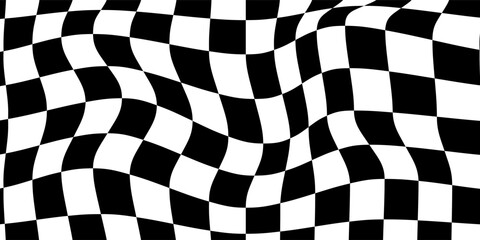 Obraz premium Psychedelic chess background. Trippy black and white checkered pattern. Wavy groovy chessboard surface. Abstract monochrome backdrop.