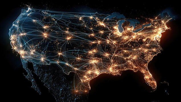 Abstract night map of USA with bright city lights and glowing network connections