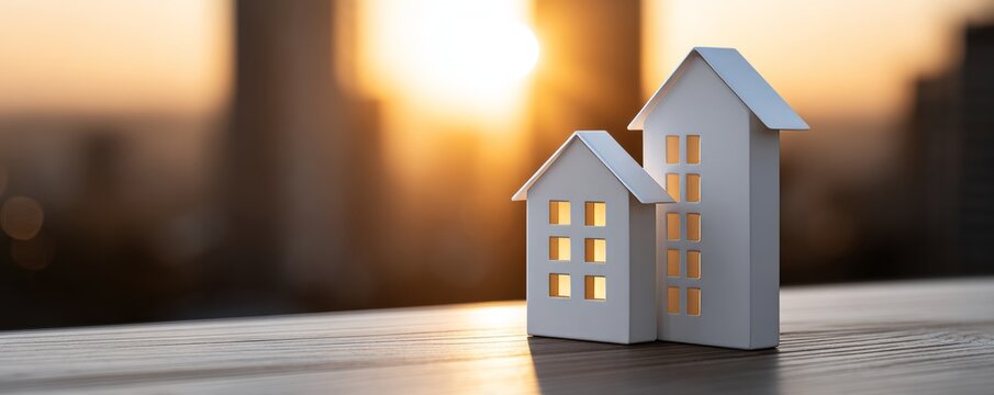 A surface bears tiny houses and lofty towers beneath a sunset sky, their bokeh lights forming a skyline that conveys urban growth and housing challenges