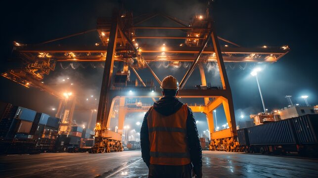 Hafenarbeiter &uuml;berwacht Containerkran im Containerterminal bei Nacht