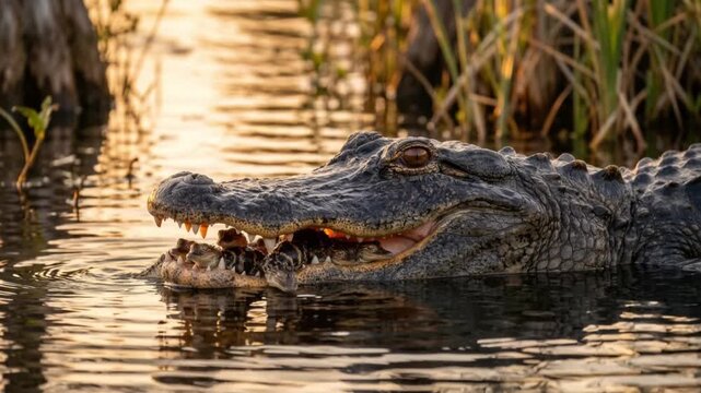 alligator with babies on the mouth in the water