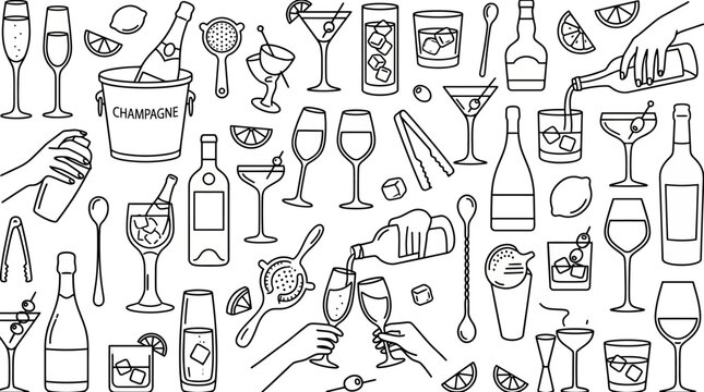 Hand-drawn pattern of wine bottles, glasses, and barware for drinks, celebrations, and party decor.