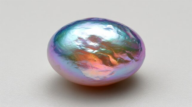 An abstract shape in pearlescent white, with swirling lines and rainbow reflections