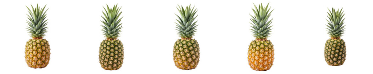 Fototapeta premium Set of Whole Ripe Pineapples Isolated on White Background PNG: Vibrant Tropical Fruit Collection for Healthy Juice Branding, Summer Food Marketing, and Organic Produce Assets.