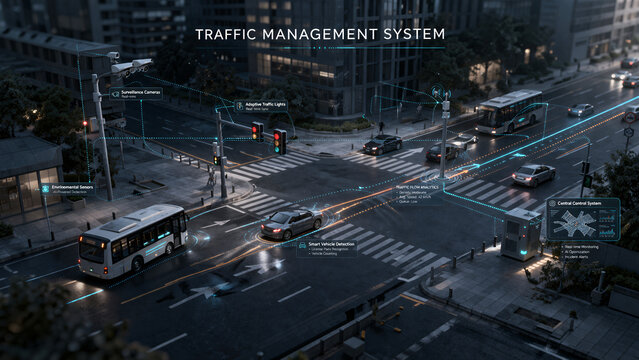 Smart Traffic Management System AI Sensors and Real Time Urban Control Infographic